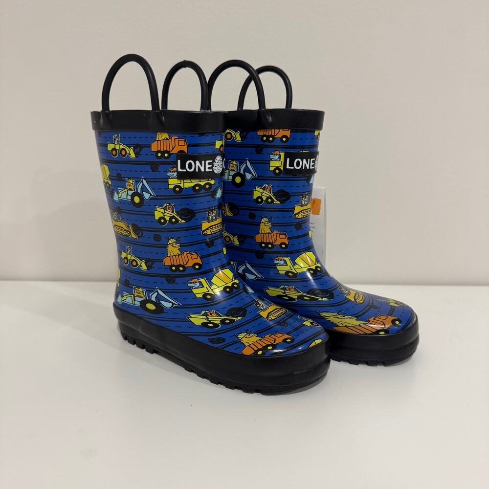 Lone Cone Construction Monster Toddler Boy Rain Boots Blue Pull On Handles Sz 10